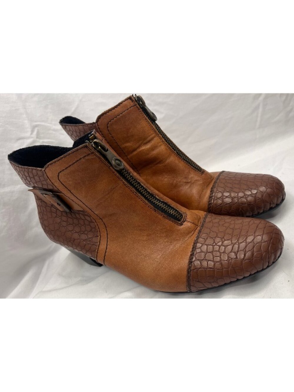 Rieker Women EU 40 Brown Croc Embossed Ankle Boots Front Zip Buckle Heel